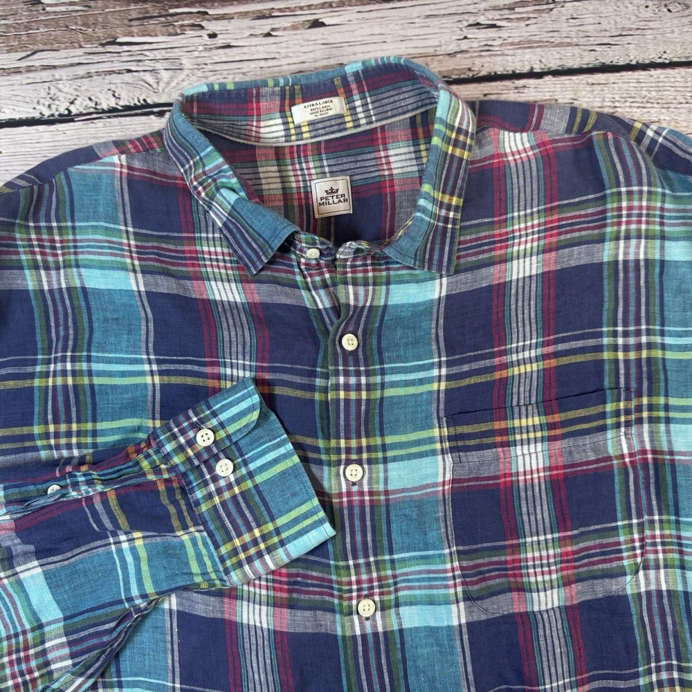 PETER MILLAR Shirt Casual Plaid 100%‎ Linen Size XL Blue Colorful Long Sleeve